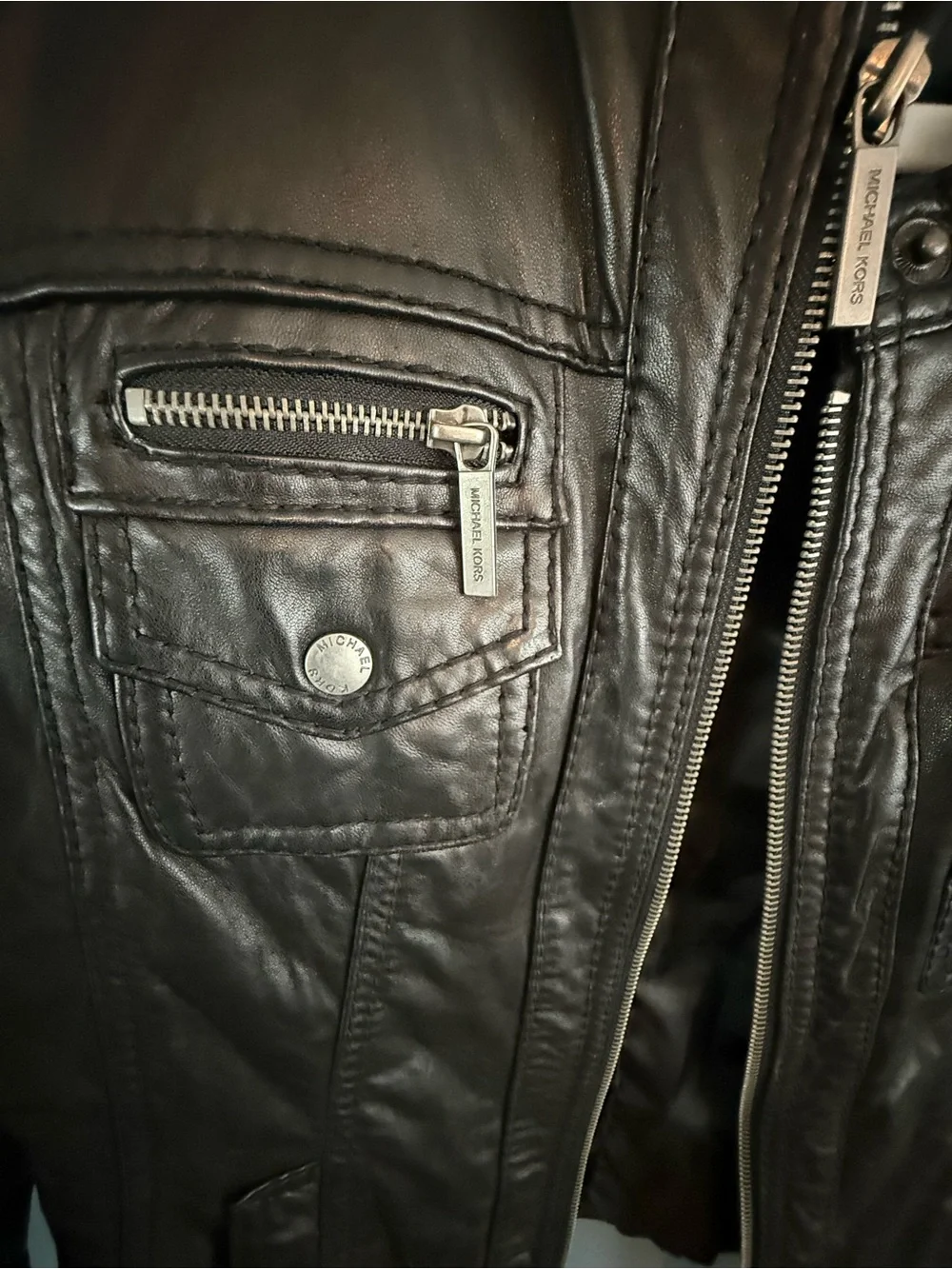 Michael Kors Black Leather Moto Jacket with Silver Hardware